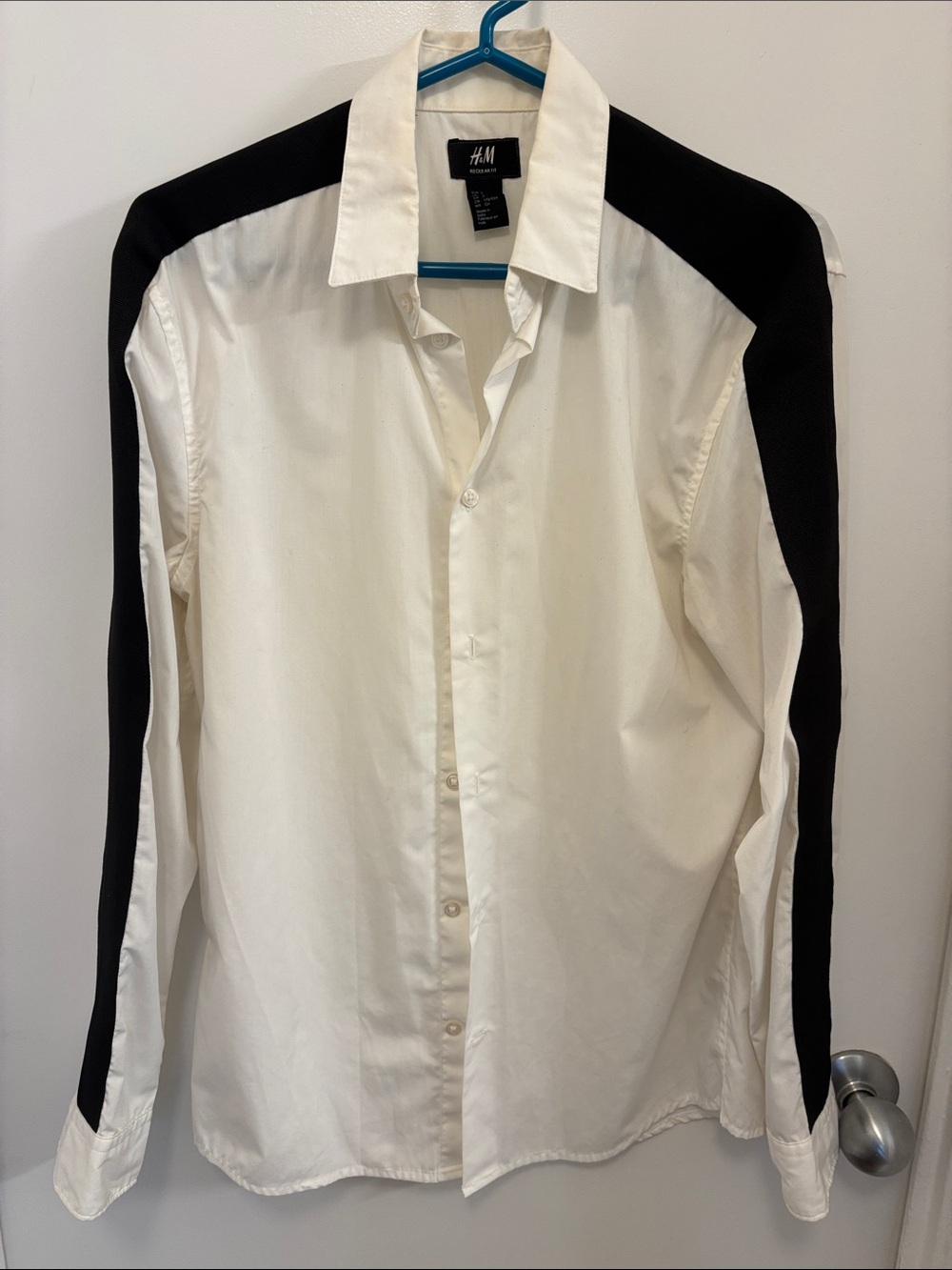 H&M White Button-Up Shirt with Black Shoulder & Sleeve Panels